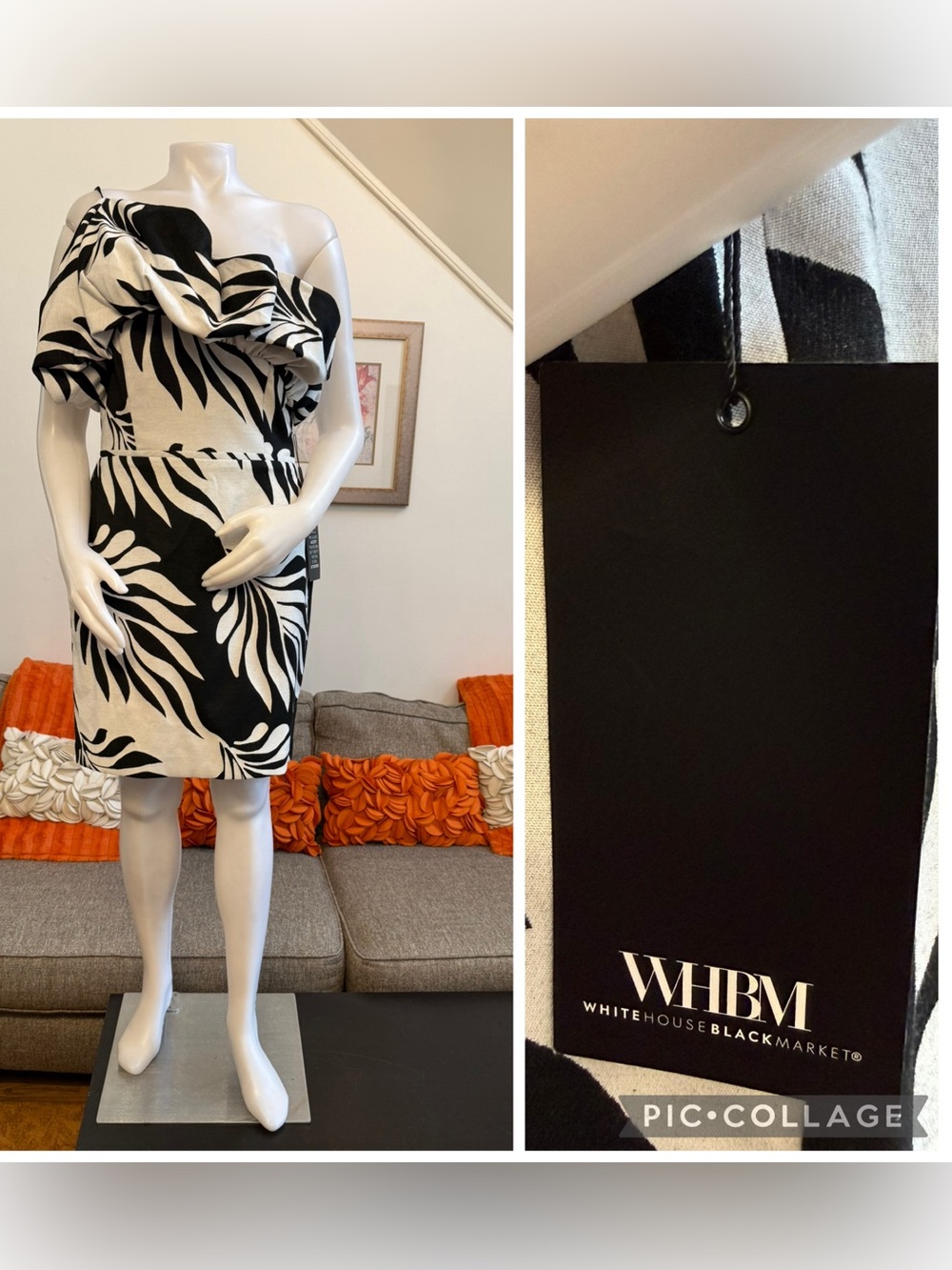 ❣️🆕WHBM One-Shoulder Jacquard Dress All Over Black & White Palm Leaf Print❣️